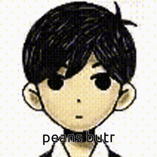 a black and white drawing of a boy with the words peans butr below it