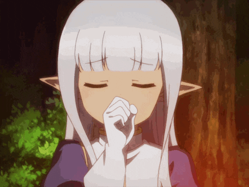a girl with long white hair and elf ears covering her mouth with her hand
