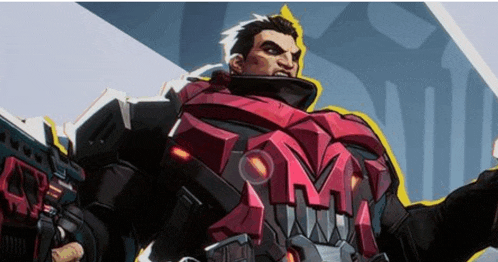 a man in a red and black armor with a m on his chest