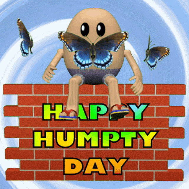 a happy humpty day greeting card with a cartoon character sitting on a brick wall