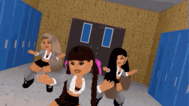 three girls are dancing in a locker room with blue doors