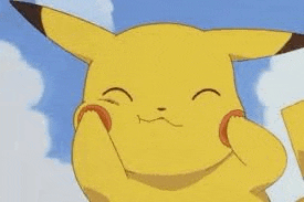 a close up of a pikachu making a funny face with his hands on his face .