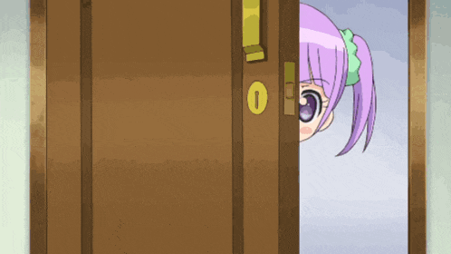 a girl with purple hair is peeking out of a door with the number 1 on it