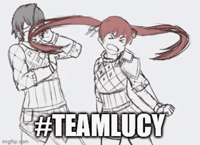 a black and white drawing of a boy and a girl with the words `` #teamlucy '' written on the bottom .