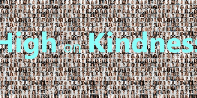a large group of people are lined up in a grid with the words high on kindness in blue