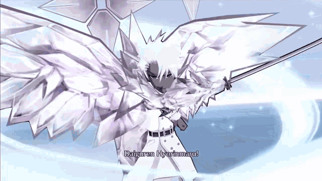 a video game character with white wings says daiguran hyorinmaru
