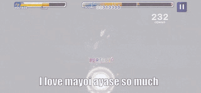 a purple haired anime character with the words i love mayoi ayase so much above him