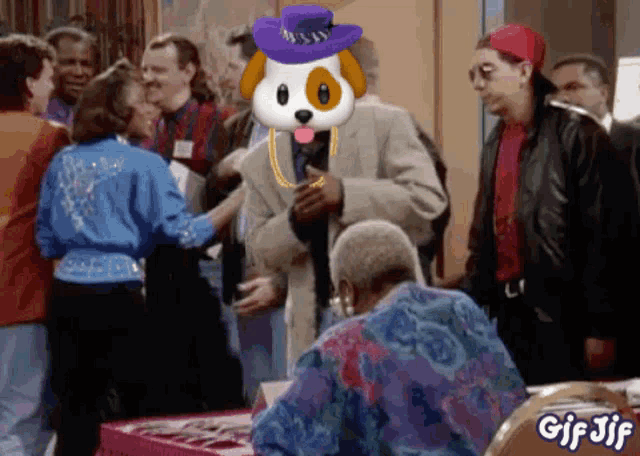 a gif of a dog wearing a cowboy hat and a purple hat