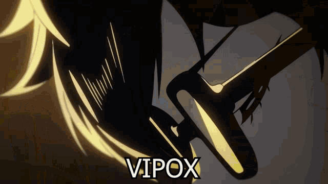 a close up of a person 's face with the word vipox on the bottom