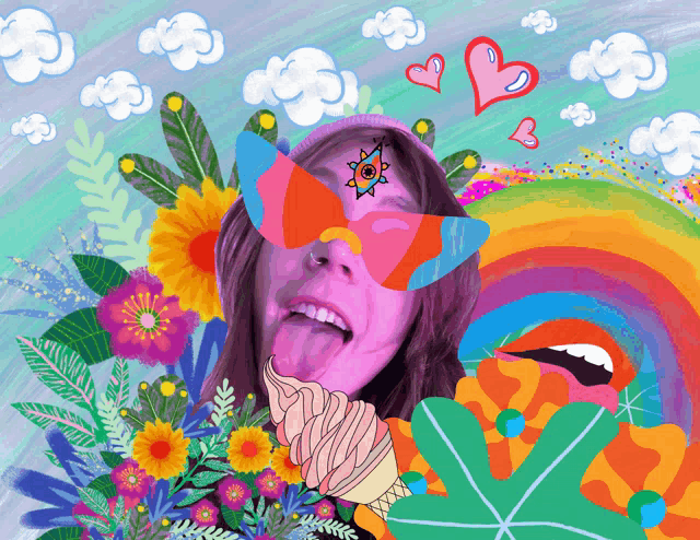 a colorful painting of a woman holding an ice cream cone with flowers in the background