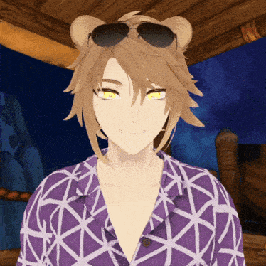 a cartoon character wearing sunglasses and a purple shirt with a geometric pattern