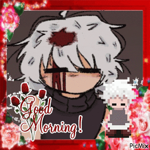 a good morning greeting card with a pixel art character and roses