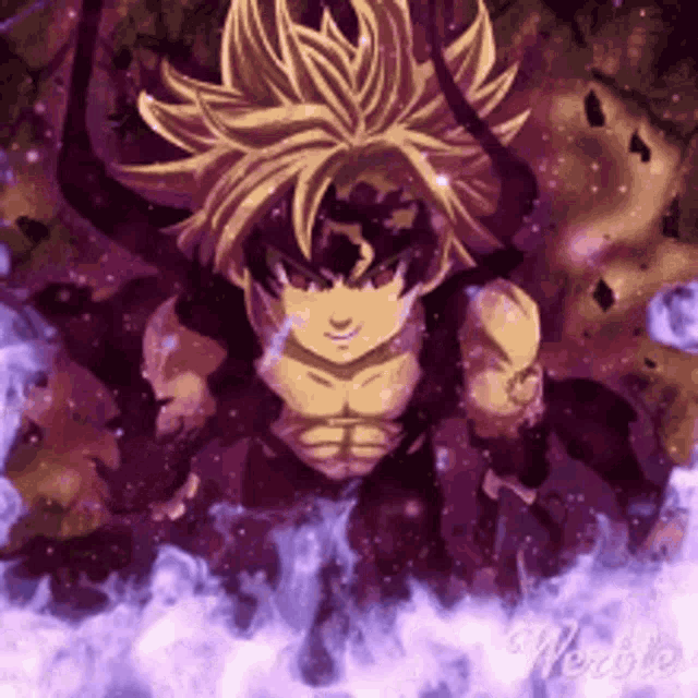 a cartoon character is surrounded by purple flames and smoke