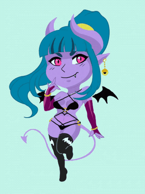 a cartoon drawing of a purple demon with blue hair and red eyes