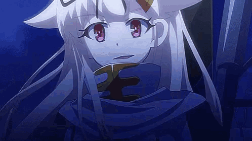 a girl with long white hair and red eyes is holding a sword in her hand .