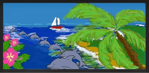 a painting of dolphins and palm trees with a sailboat in the distance