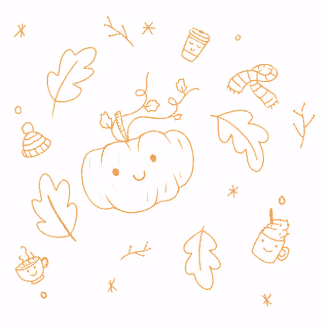 a drawing of a pumpkin with a face surrounded by leaves and a cup of coffee