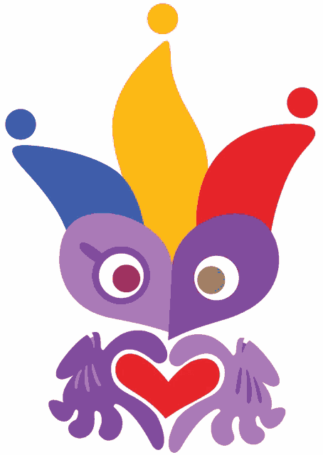 a colorful drawing of a jester with a heart in its mouth