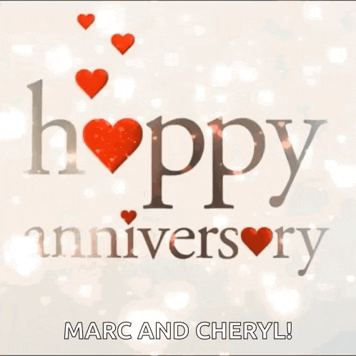 a happy anniversary card for marc and cheryl with red hearts