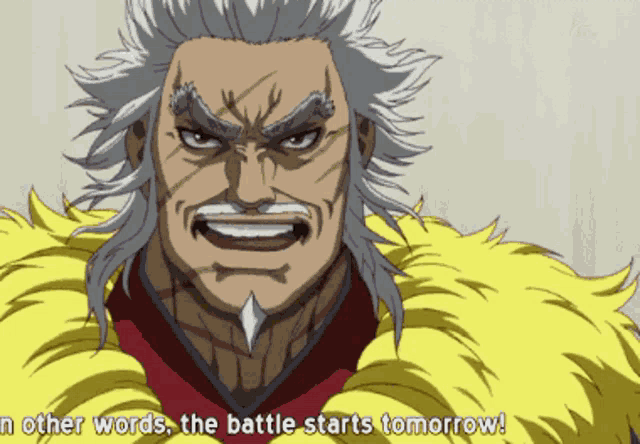 a cartoon of a man with the words " n other words the battle starts tomorrow " on the bottom
