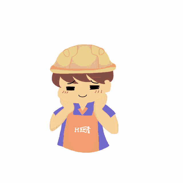 a cartoon drawing of a boy wearing a hard hat and a shirt that says ' hi ' on it