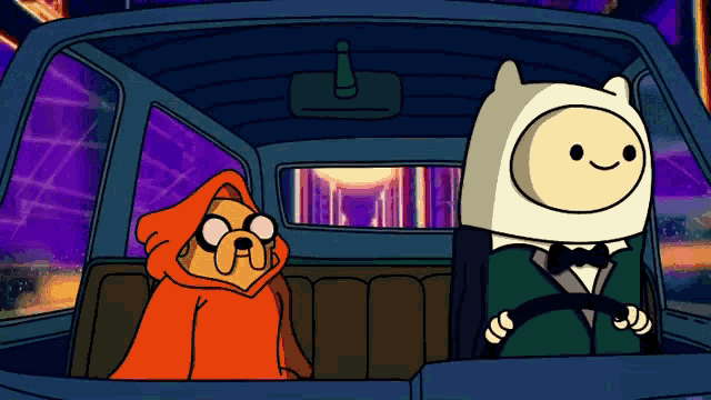 a cartoon character driving a car with a dog in the back
