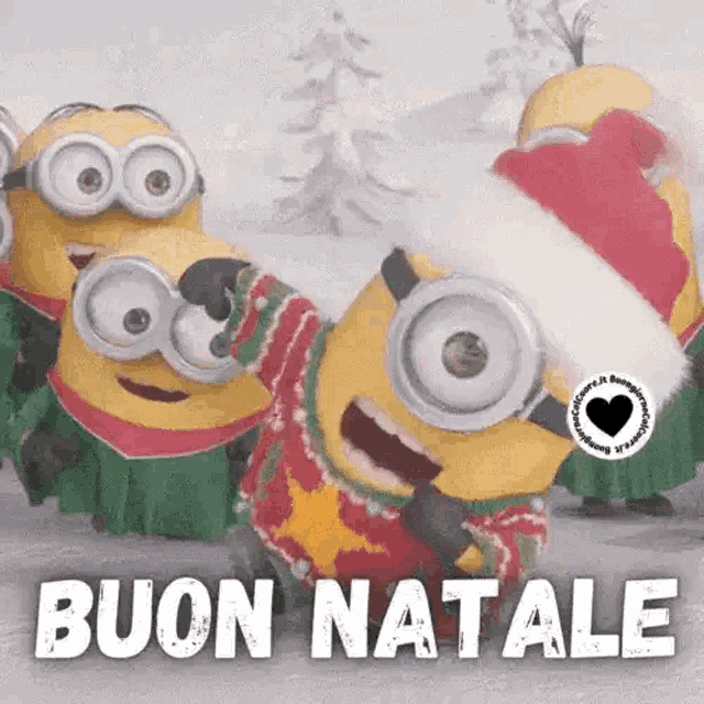 a group of minions wearing santa hats and sweaters are standing next to each other in the snow .