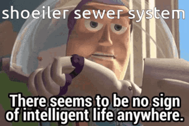 buzz lightyear from toy story is holding a gun and says there seems to be no sign of intelligent life anywhere .