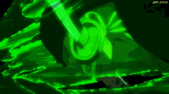 a green light is shining on a black background with the words opp-italia written below it