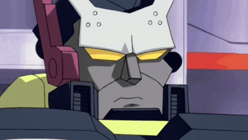 a close up of a cartoon character 's face with a yellow eye
