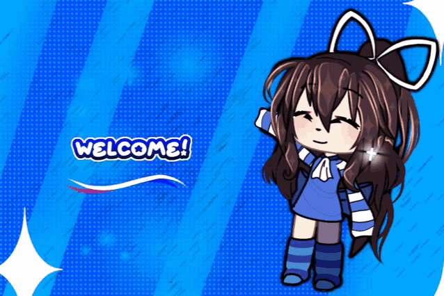 a welcome sign with a girl in a blue shirt