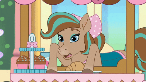 a cartoon pony with a pink bow on her head