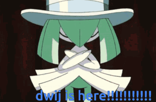 a cartoon character with a top hat and the words " dwij is here "