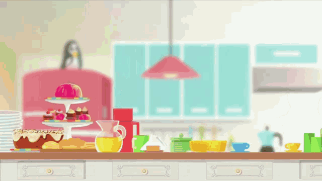 a cartoon illustration of a kitchen with a bottle of olive oil