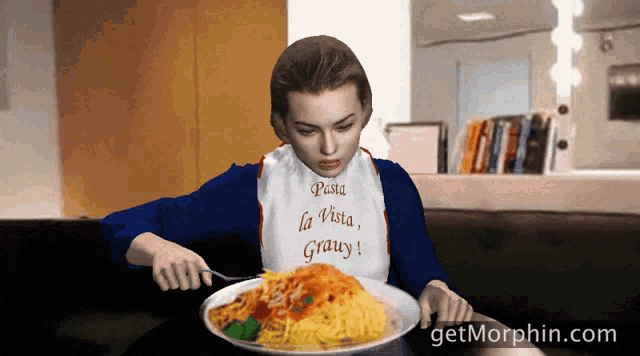 a woman with a bib that says pasta la vista gravy