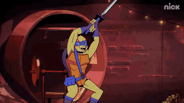 a cartoon character from teenage mutant ninja turtles is holding a sword in his hand .