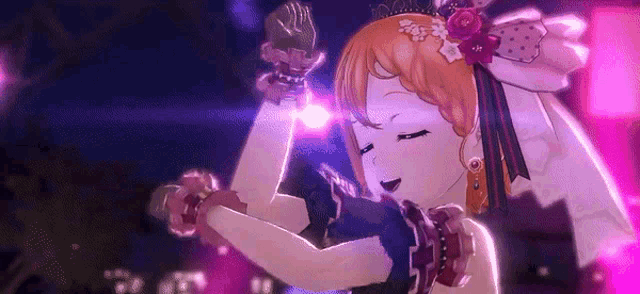 a cartoon girl with a crown on her head is dancing in a dark room .