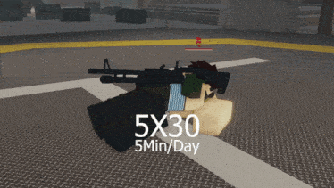 a person holding a gun with 5x30 5min / day written on it
