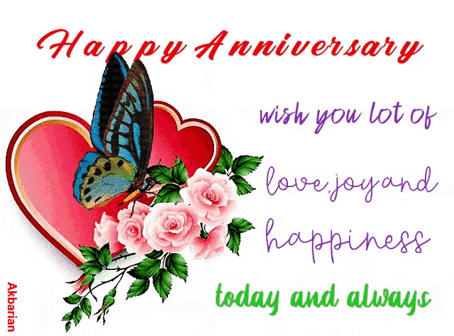 a happy anniversary card with flowers and a butterfly