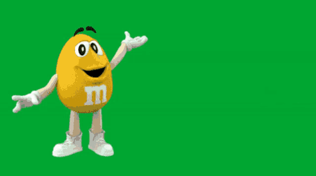 a yellow m & m 's mascot on a green background with the words love that