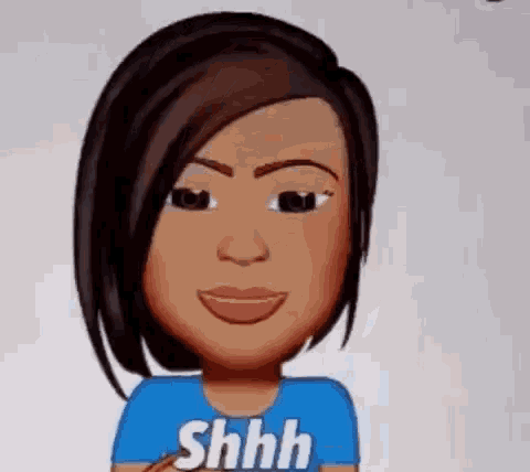 a cartoon of a woman wearing a blue shirt that says shhh on it .