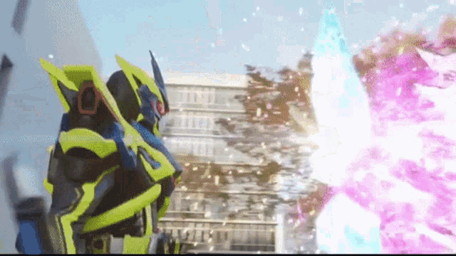 a robot is standing in front of a building with a purple beam coming out of it .