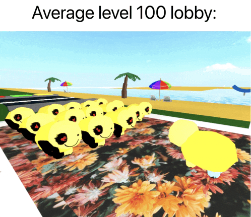 a bunch of yellow animals are standing on a floral rug with the words " average level 100 lobby " on the bottom