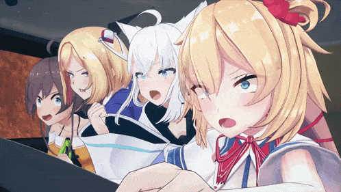 a group of anime girls are sitting in a car looking out the window