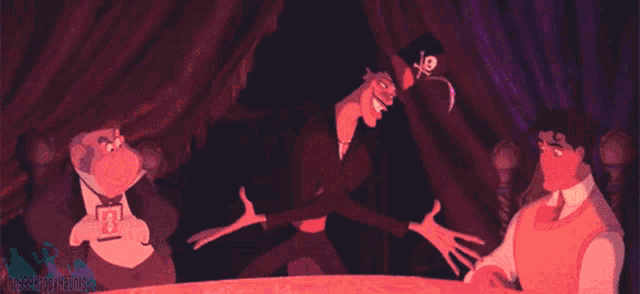 a cartoon of a man shaking hands with a man in a top hat and a woman