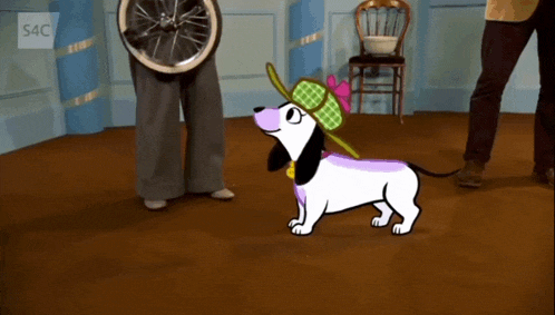 a cartoon dog wearing a hat with the letters s4c on the bottom right corner