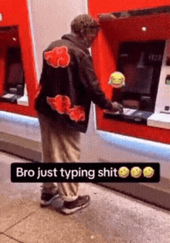 a man in a jacket that says bro just typing shit is standing in front of an atm machine