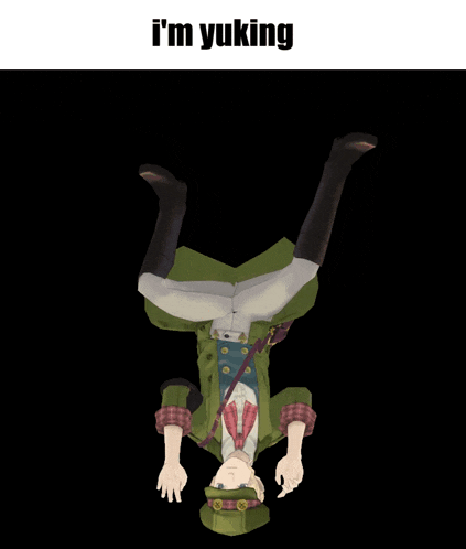 a cartoon character is upside down with the words i 'm yuking below him