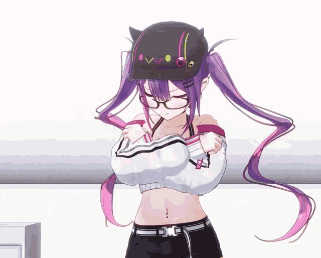 a girl with purple hair is wearing a black hat that says ow on it