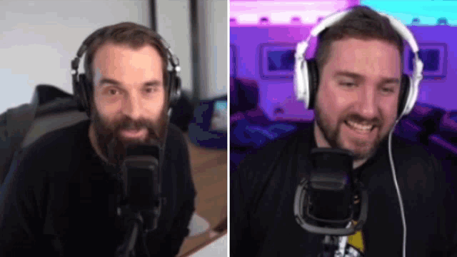 a man with a beard is wearing headphones and smiling at the camera